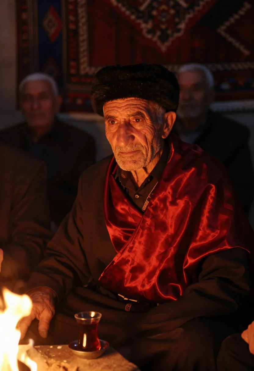 AI turkmen telpek sample — candid mid-chest portrait of a Turkmen elder at an evening g