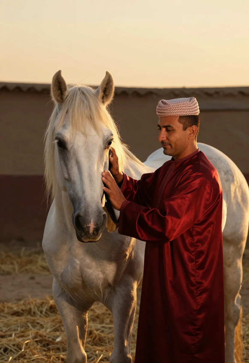 AI turkmen telpek sample — candid mid-chest portrait of a Turkmen man grooming an Akhal