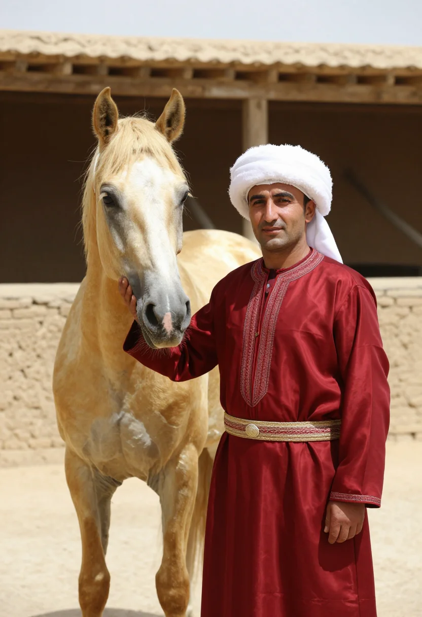 AI turkmen telpek sample — candid half-length portrait of a Turkmen man standing beside
