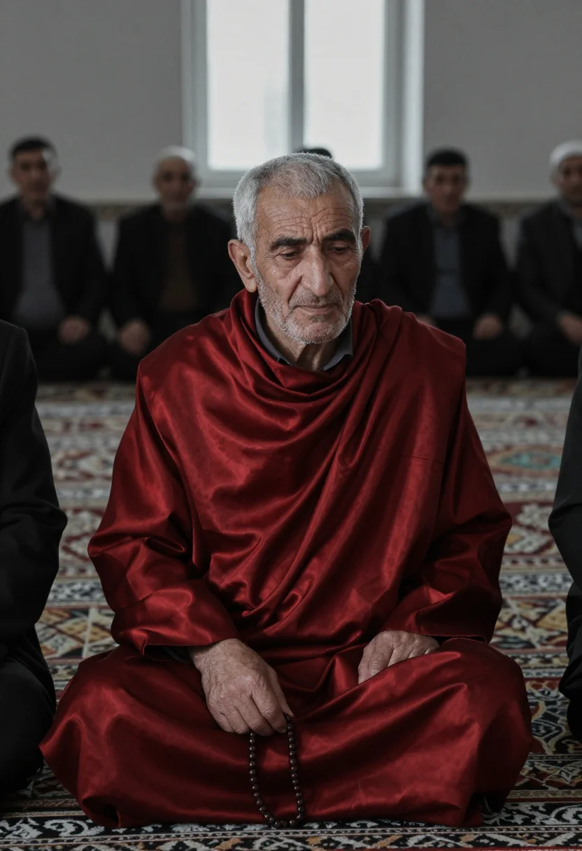 AI turkmen telpek sample — candid three-quarter portrait of a Turkmen elder in quiet co
