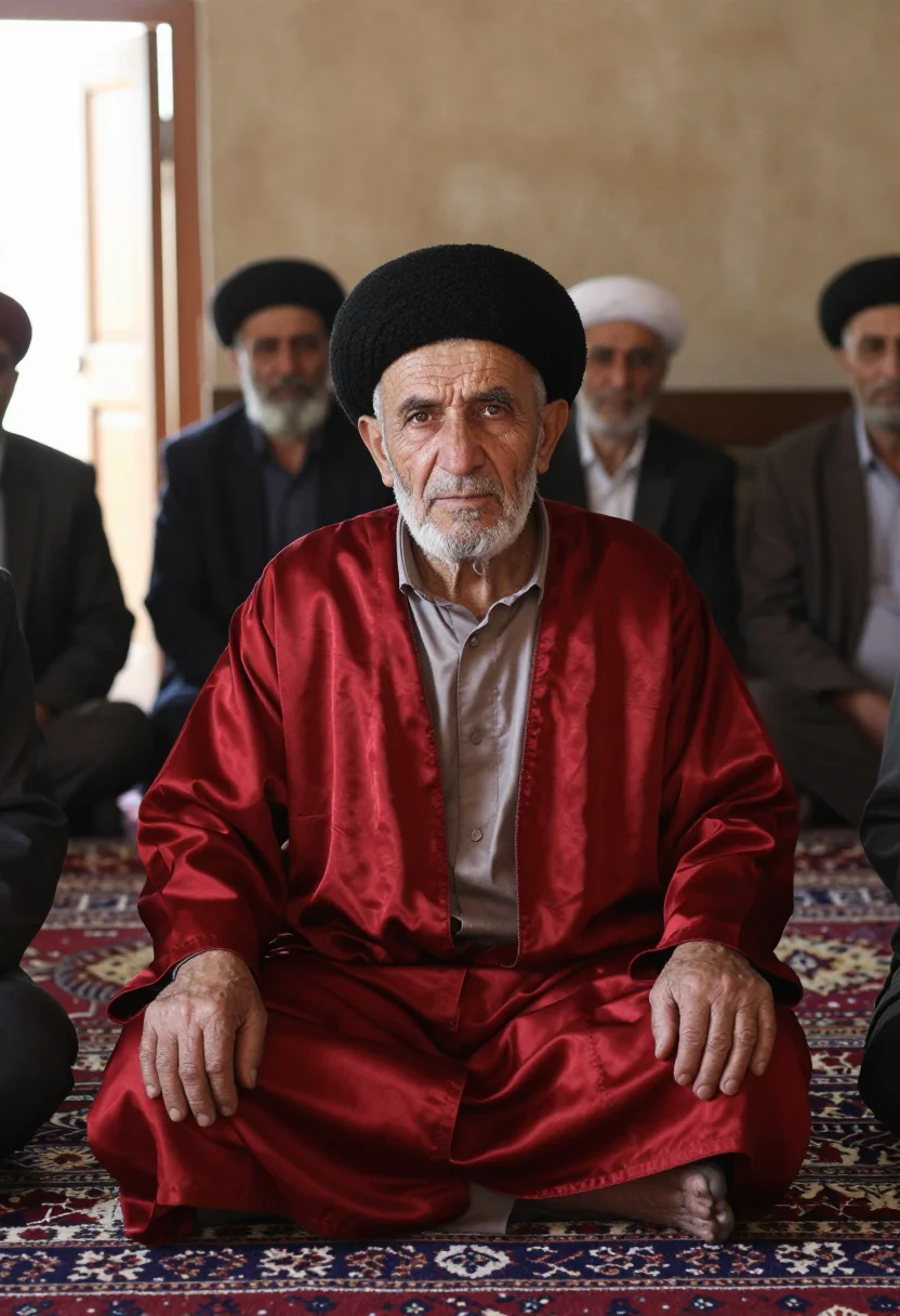 AI turkmen telpek sample — candid half-length portrait of a Turkmen elder seated cross-