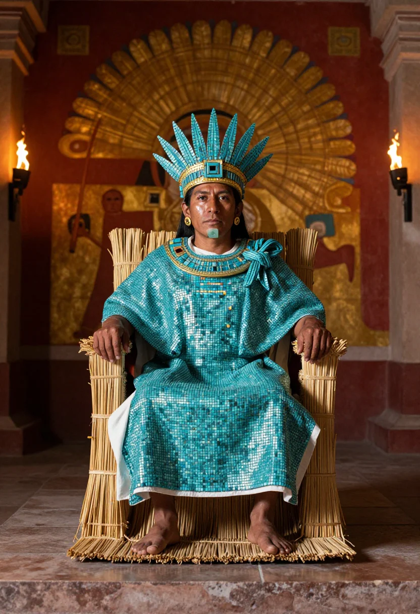 AI turquoise diadem sample — portrait of a man, three-quarter-length portrait of a Nahua