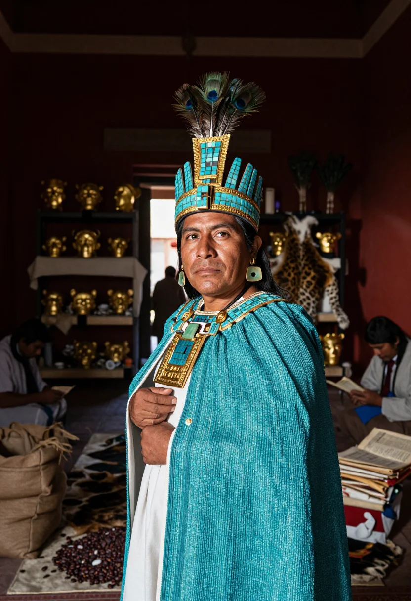 AI turquoise diadem sample — portrait of a man, chest-up portrait of a Nahua man of middl