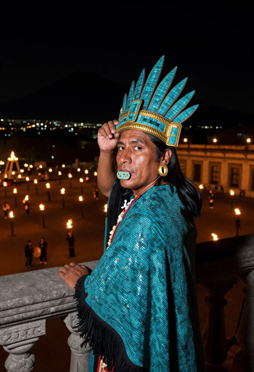 AI turquoise diadem sample — portrait of a man, chest-up portrait of a Nahua man of middl