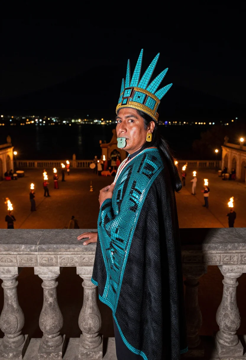 AI turquoise diadem sample — portrait of a man, three-quarter-length portrait of a Nahua