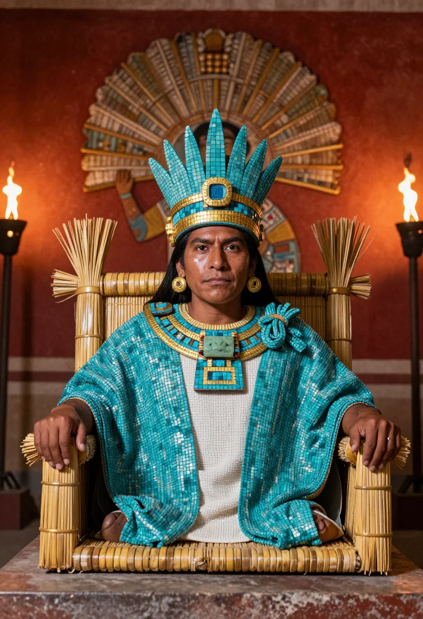 AI turquoise diadem sample — portrait of a man, chest-up frontal portrait of a Nahua man