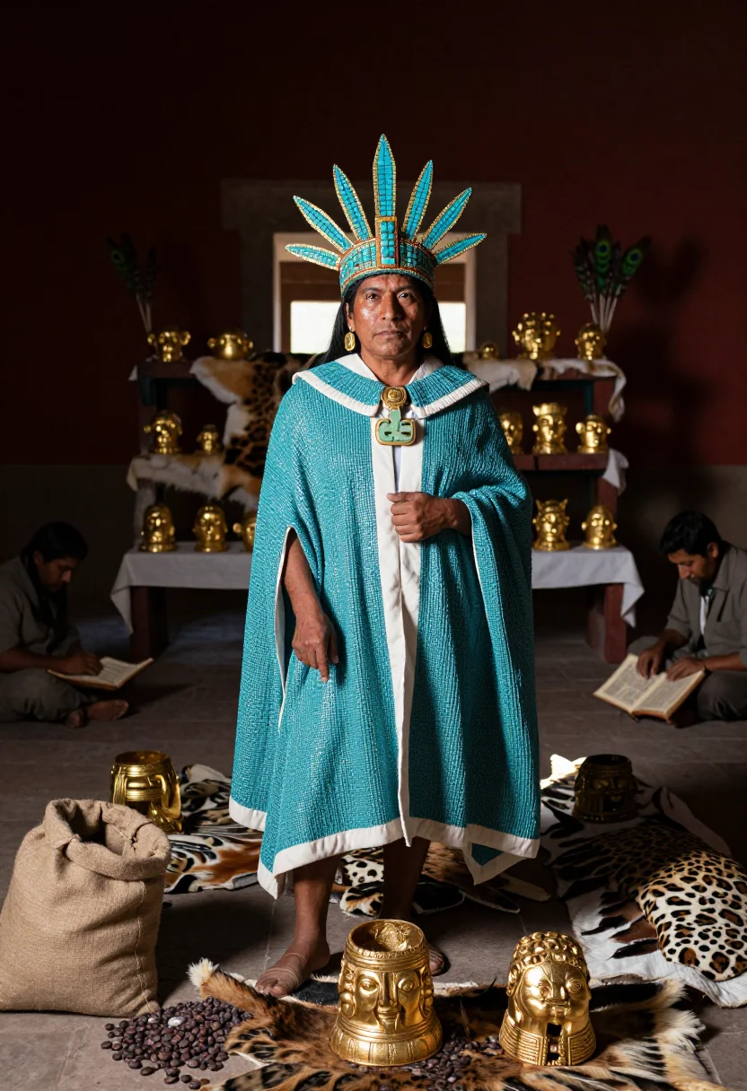 AI turquoise diadem sample — portrait of a man, three-quarter-length portrait of a Nahua