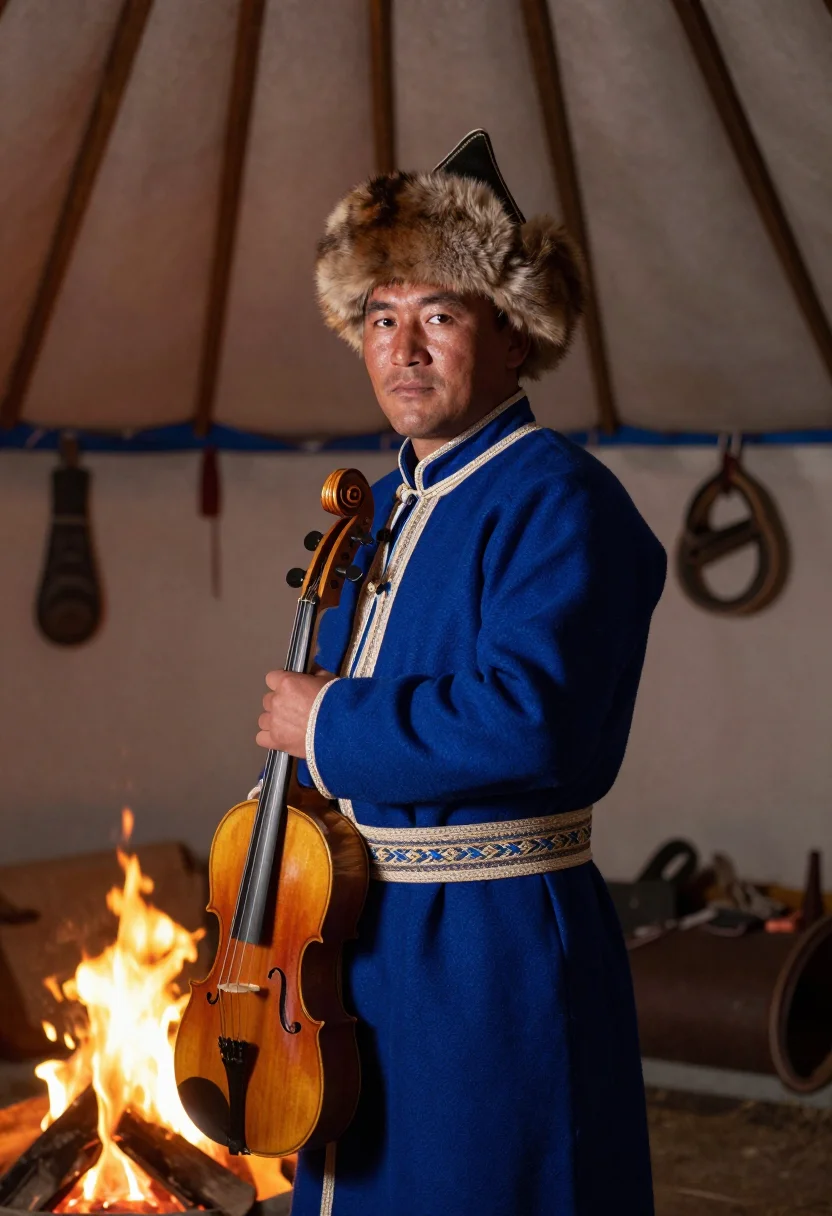 AI tuvan sample — candid three-quarter-length portrait of a Tuvan man with war
