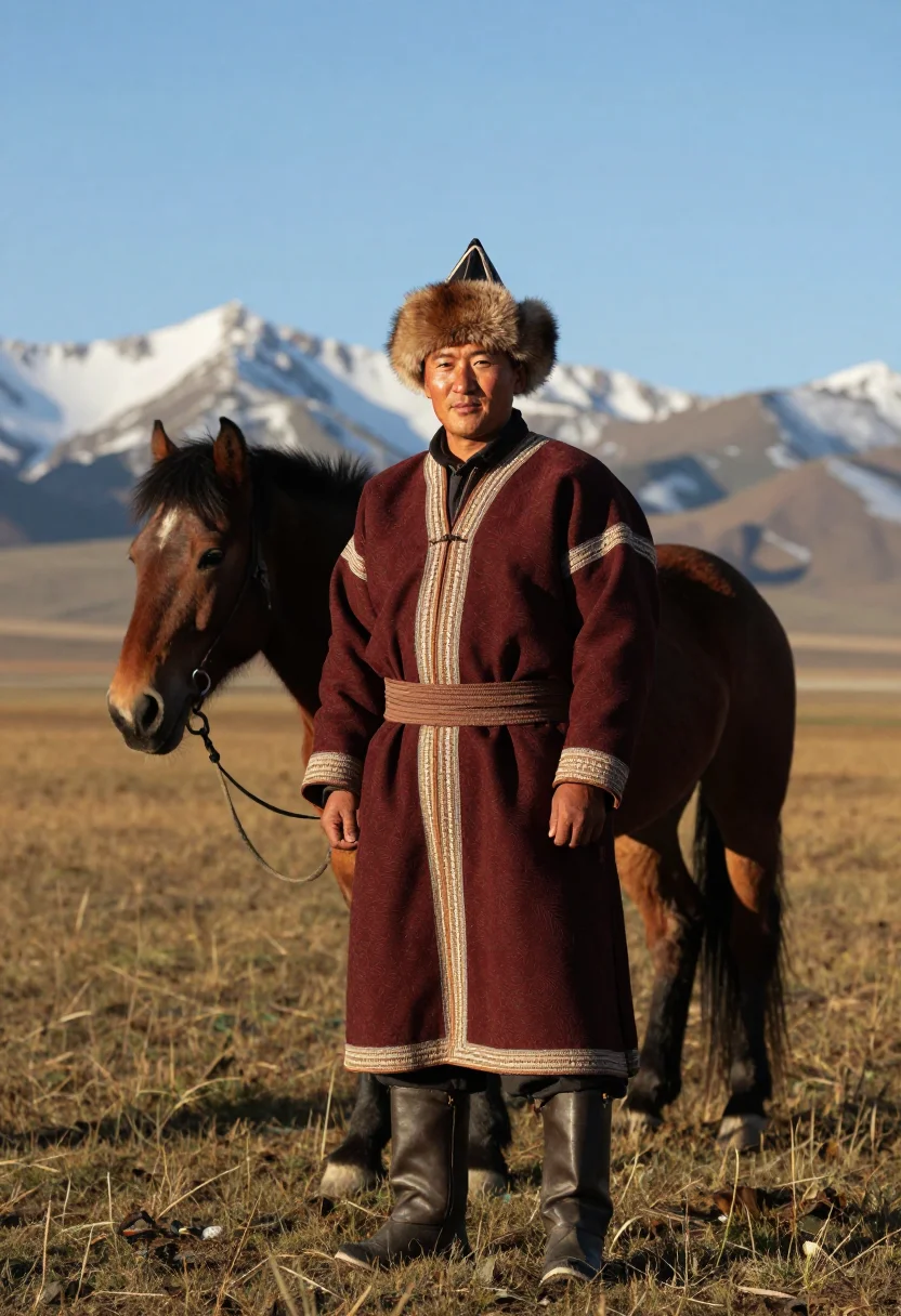 AI tuvan sample — candid three-quarter-length portrait of a Tuvan man with war