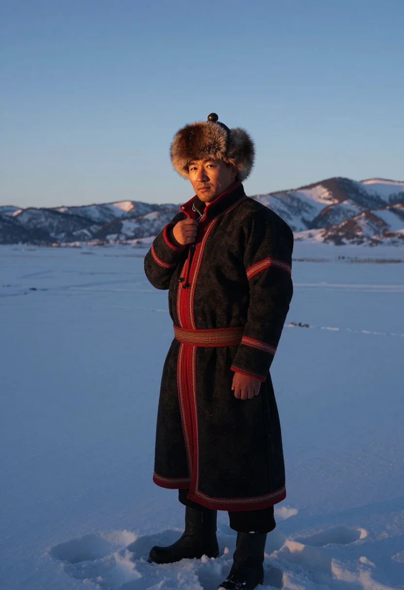 AI tuvan sample — candid three-quarter-length portrait of a Tuvan man with war