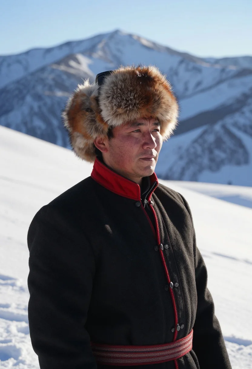 AI tuvan sample — candid half-length portrait of a Tuvan man with warm sun-wea