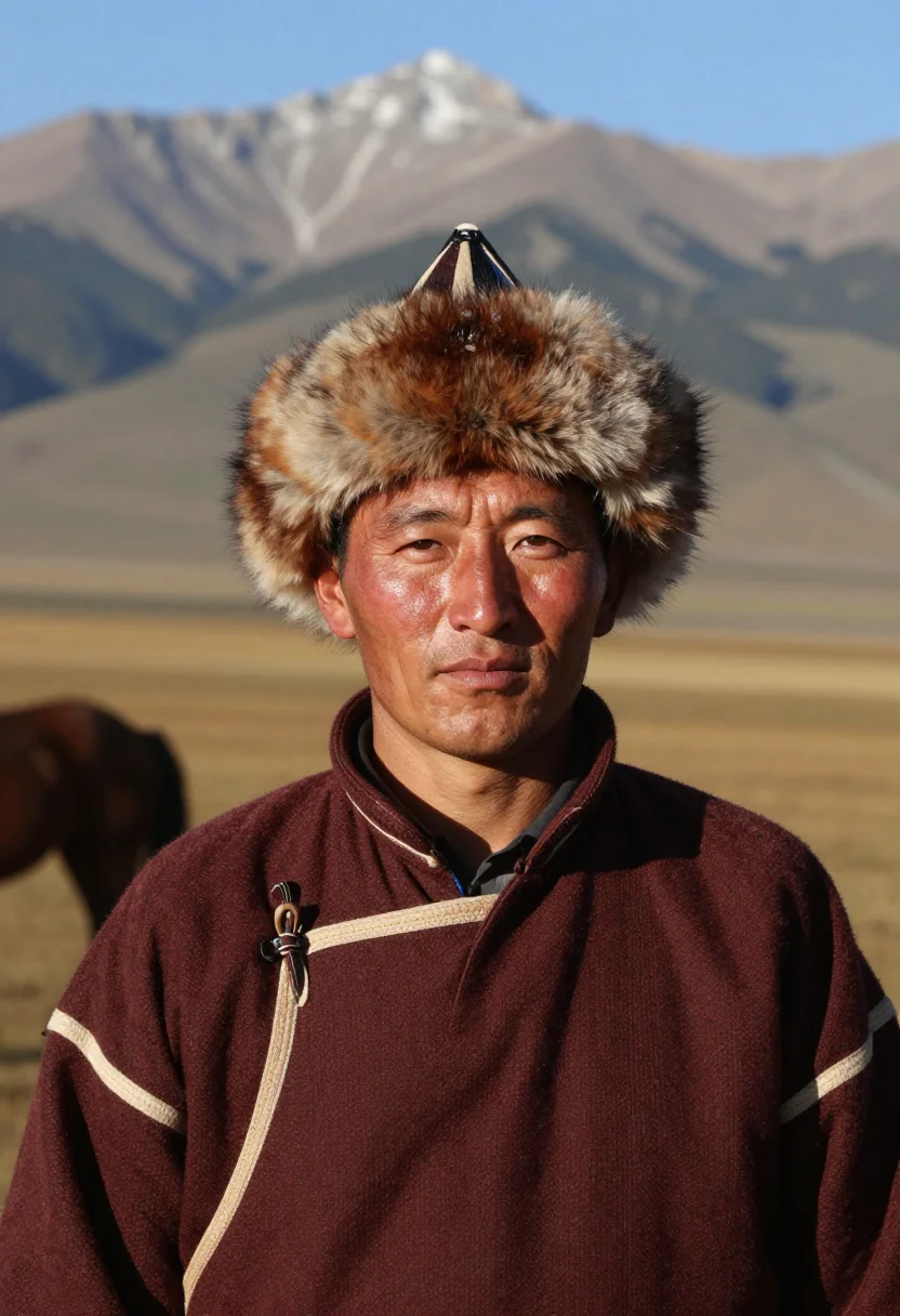 AI tuvan sample — candid bust-length portrait of a Tuvan man with warm bronzed
