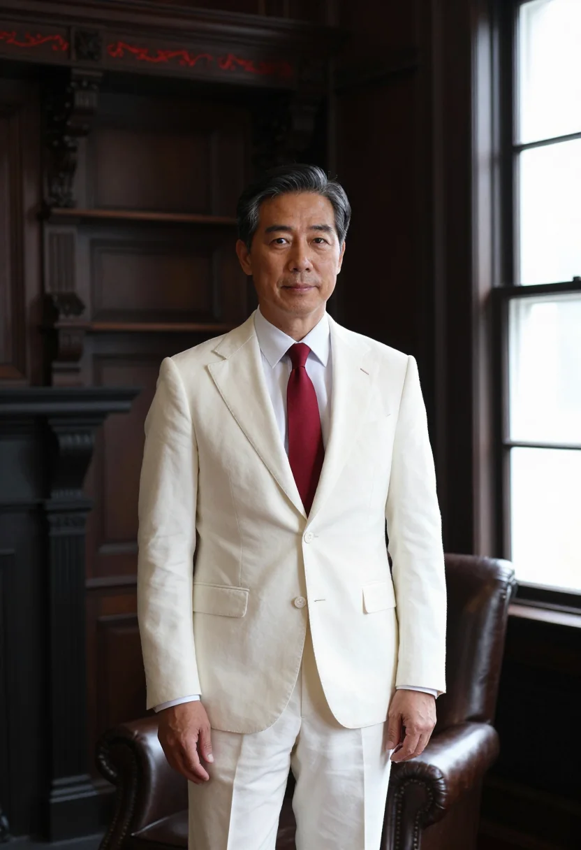 AI twain hartford white suit sample — portrait of a man, half-length portrait of a Korean-American