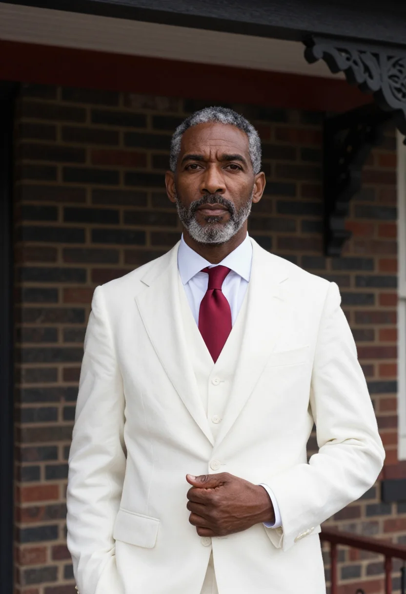 AI twain hartford white suit sample — portrait of a man, chest-up portrait of an African-American