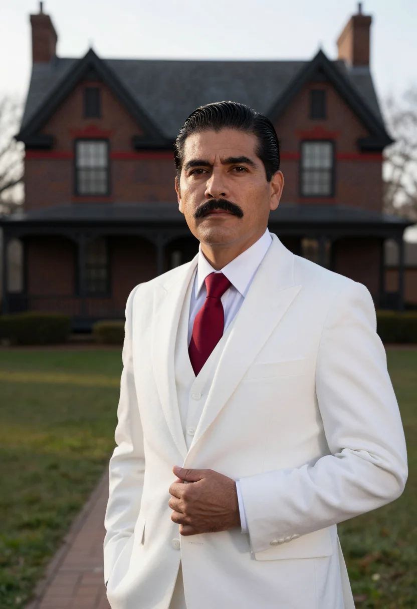 AI twain hartford white suit sample — portrait of a man, chest-up portrait of a Mexican-American m