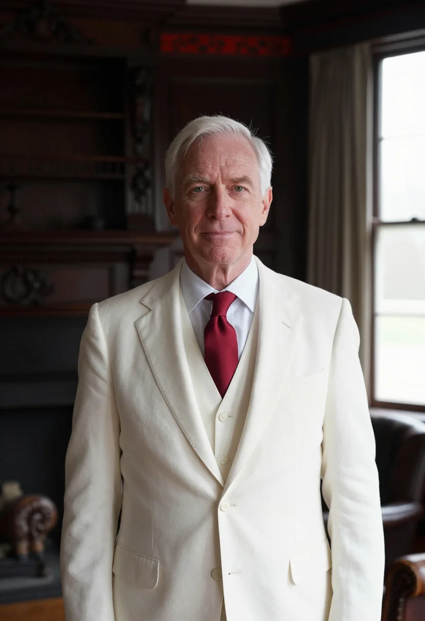 AI twain hartford white suit sample — portrait of a man, chest-up portrait of a man of Irish-Ameri