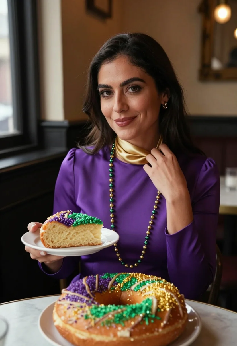 AI twelfth night new orleans king cake palette sample — portrait of a woman, framed chest-up, cropped at the ribs, t