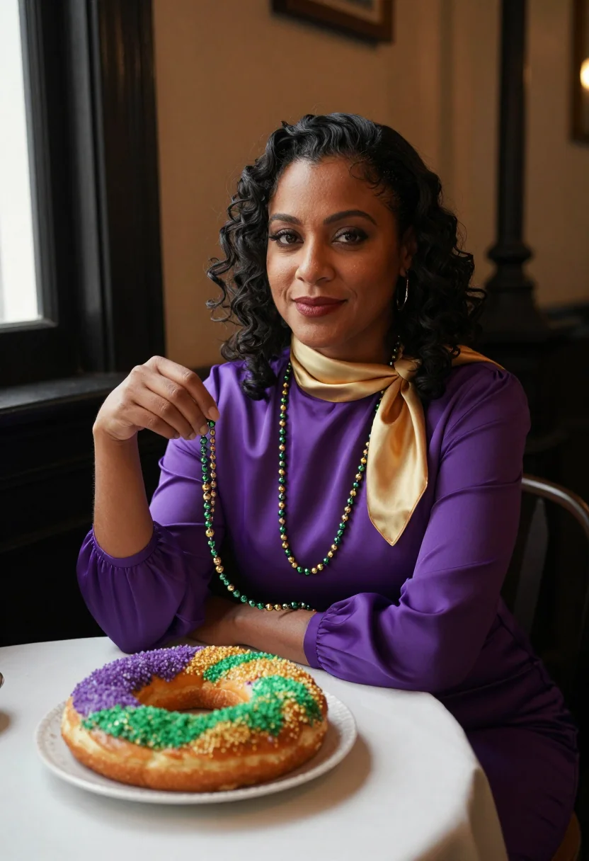 AI twelfth night new orleans king cake palette sample — portrait of a woman, framed three-quarter length, seated at