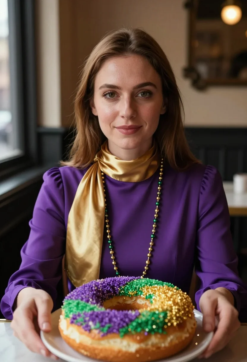 AI twelfth night new orleans king cake palette sample — portrait of a woman, framed tight, head and shoulders, the b