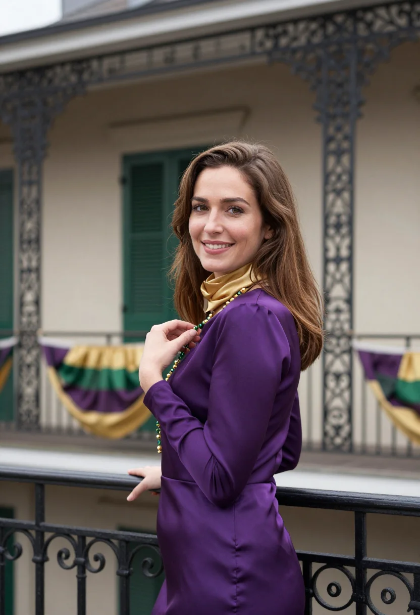 AI twelfth night new orleans king cake palette sample — portrait of a woman, framed chest-up, cropped at the ribs, t