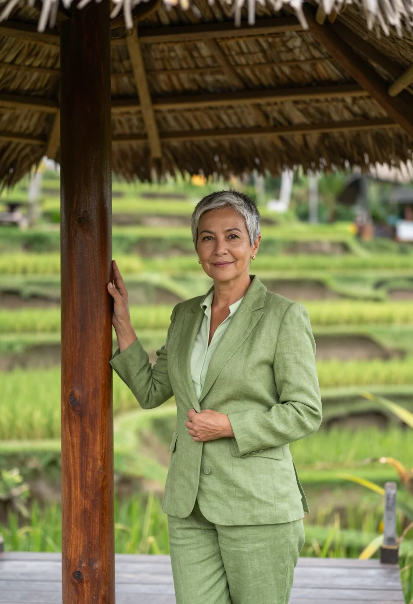 AI ubud resort director rice green teak sample — portrait of a woman, a resort director in her fifties of Fre