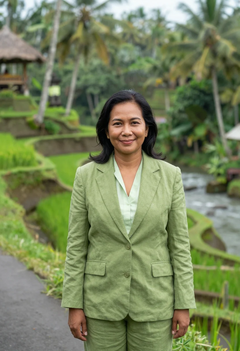 AI ubud resort director rice green teak sample — portrait of a woman, a resort director in her forties of Sun