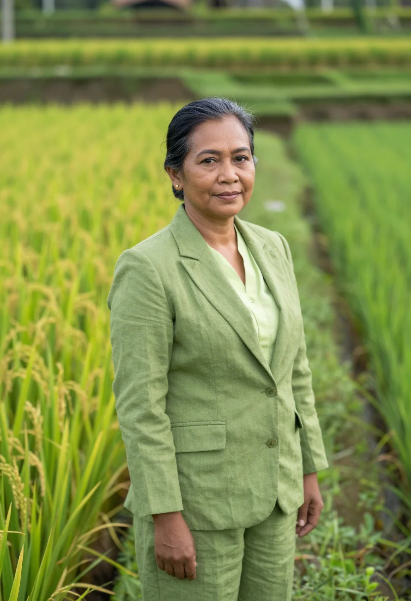 AI ubud resort director rice green teak sample — portrait of a woman, a resort director in her fifties of Jav