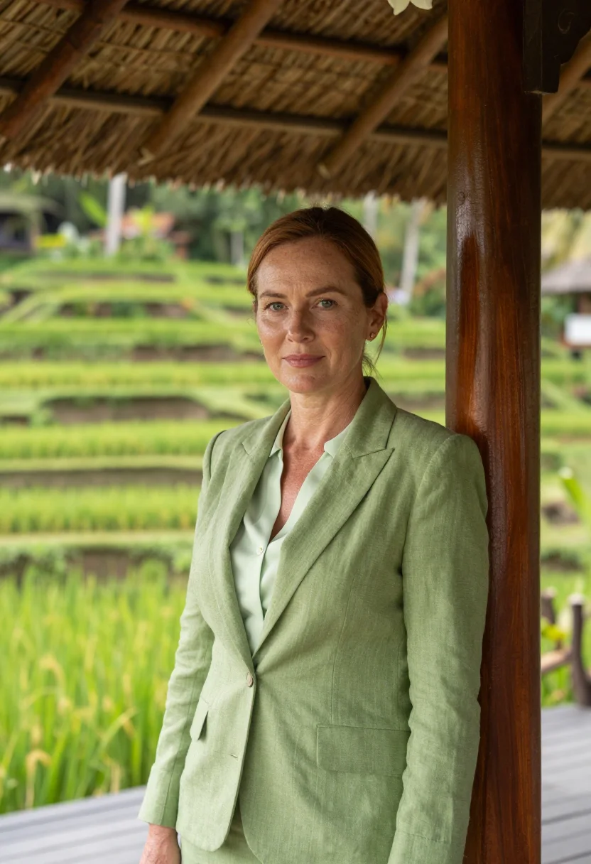 AI ubud resort director rice green teak sample — portrait of a woman, a resort director in her forties of Aus