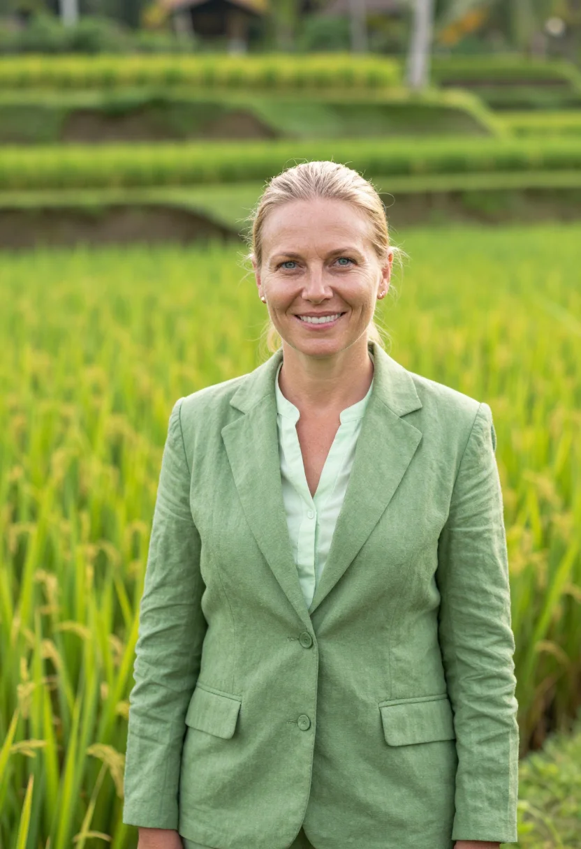 AI ubud resort director rice green teak sample — portrait of a woman, a resort director in her late thirties