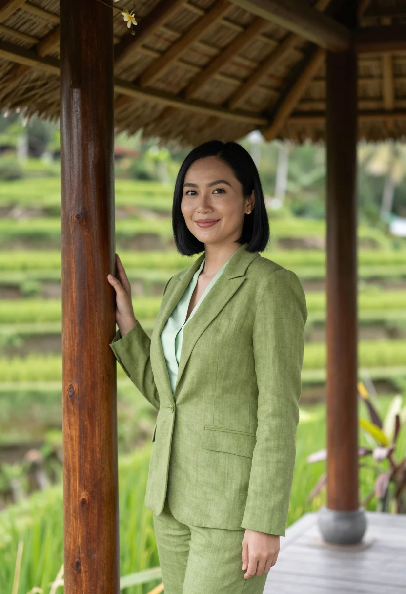 AI ubud resort director rice green teak sample — portrait of a woman, a resort director in her mid-thirties o