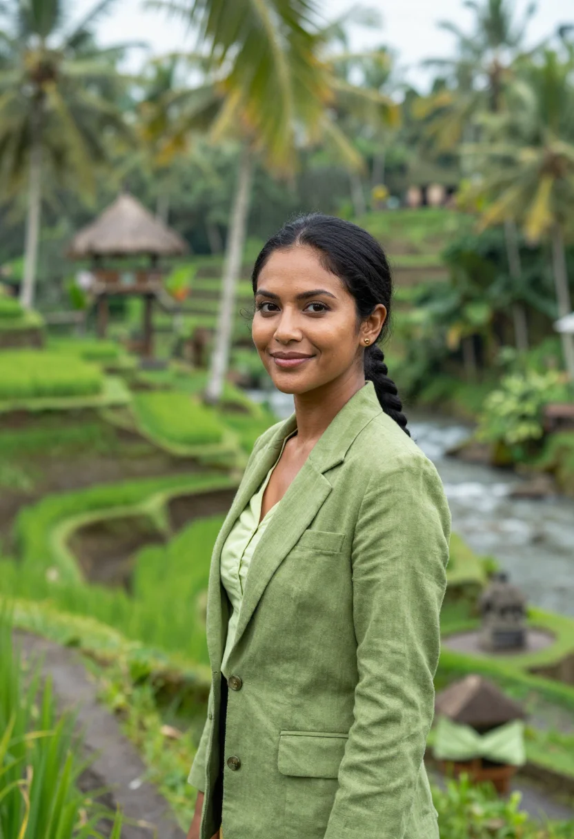 AI ubud resort director rice green teak sample — portrait of a woman, a resort director in her early thirties