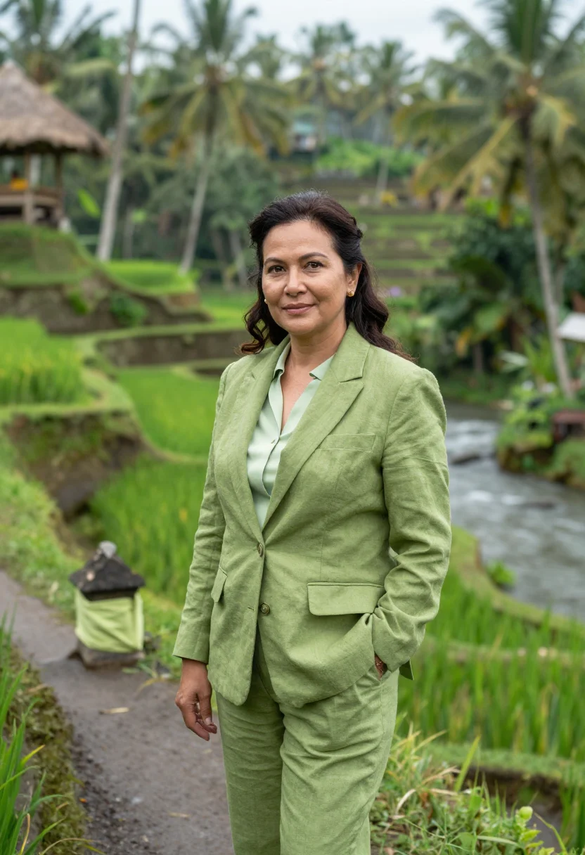 AI ubud resort director rice green teak sample — portrait of a woman, a resort director in her late forties o