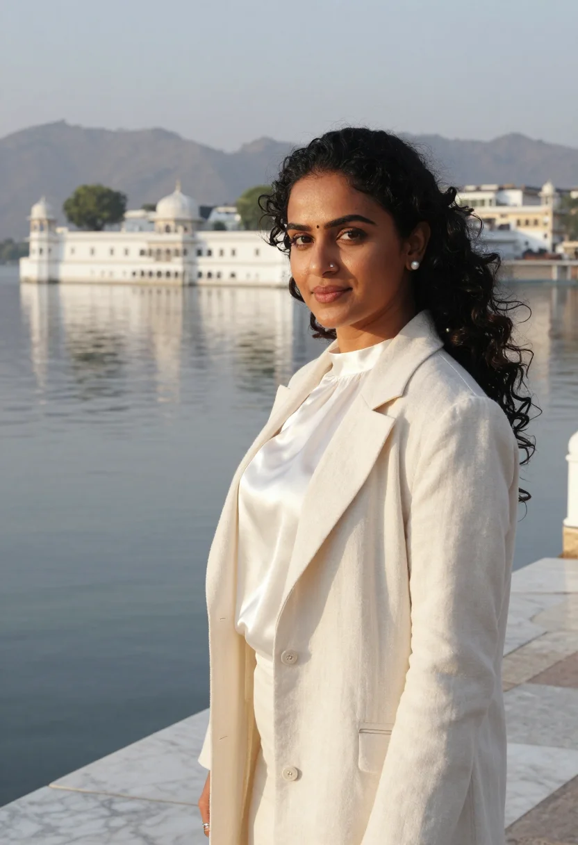 AI udaipur lake hotelier white marble sample — portrait of a woman, a South-Asian hotelier in her late twen