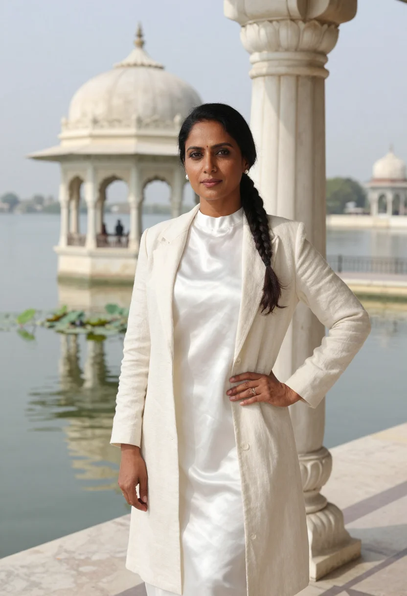AI udaipur lake hotelier white marble sample — portrait of a woman, a South-Asian hotelier in her mid-forti