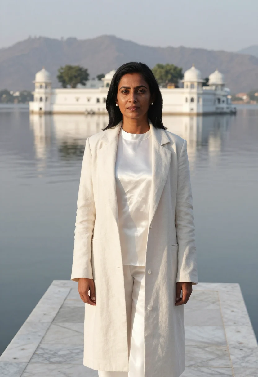 AI udaipur lake hotelier white marble sample — portrait of a woman, a South-Asian hotelier in her late thir