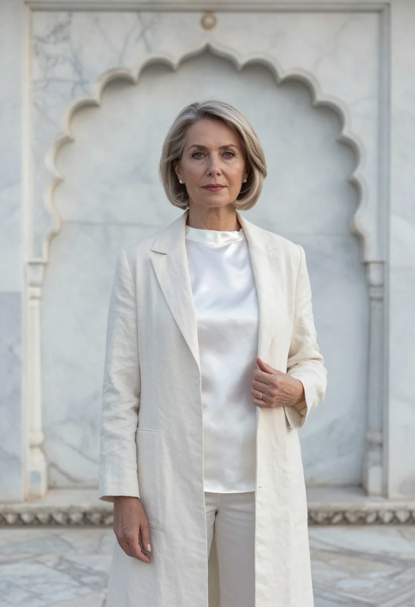 AI udaipur lake hotelier white marble sample — portrait of a woman, a Western-European hotelier in her late