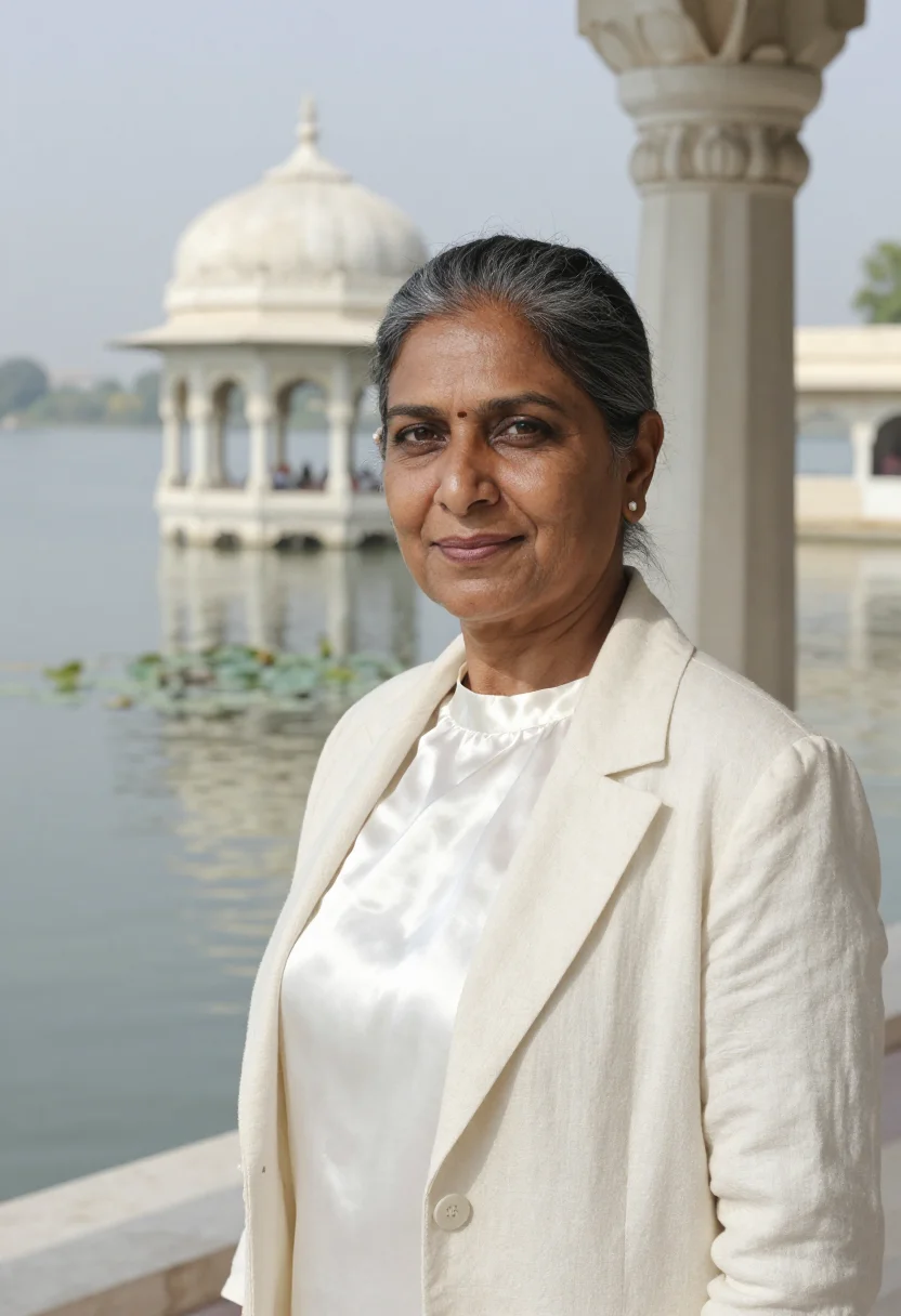 AI udaipur lake hotelier white marble sample — portrait of a woman, a South-Asian hotelier in her late fift