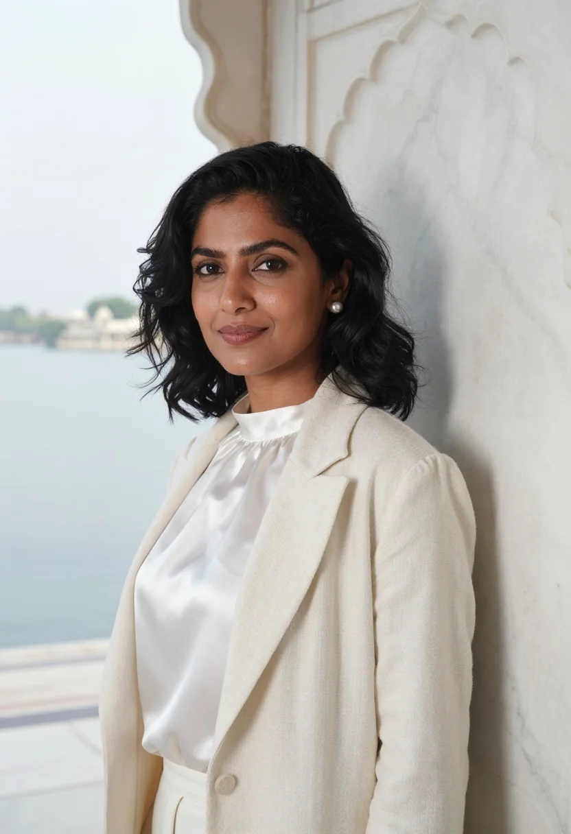 AI udaipur lake hotelier white marble sample — portrait of a woman, a South-Asian hotelier in her mid-thirt