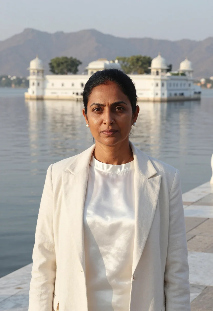 AI udaipur lake hotelier white marble sample — portrait of a woman, a South-Asian hotelier in her early fif
