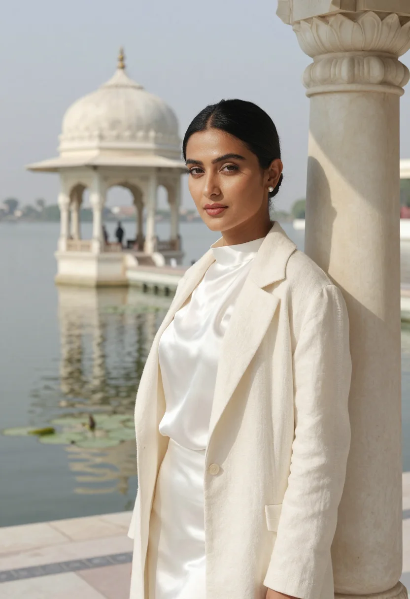 AI udaipur lake hotelier white marble sample — portrait of a woman, a hotelier of East-Asian and South-Asia
