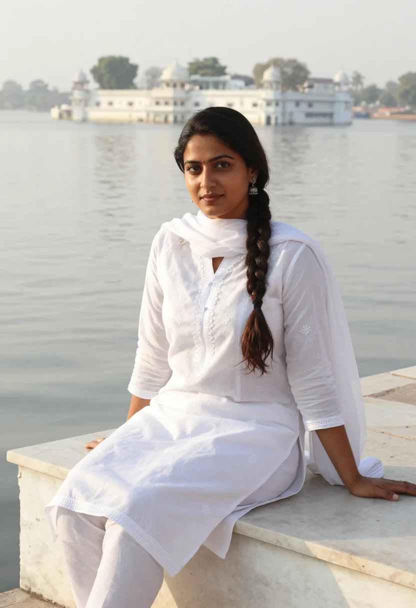 AI udaipur lake palace november white sample — portrait of a woman, half-length portrait of a Rajasthani wo