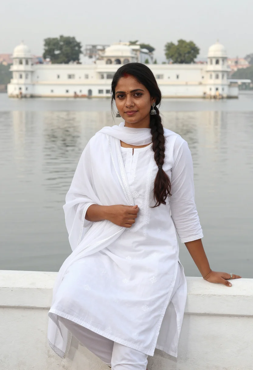 AI udaipur lake palace november white sample — portrait of a woman, half-length portrait of a Rajasthani wo