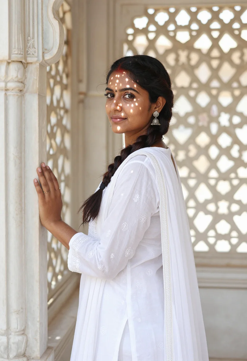 AI udaipur lake palace november white sample — portrait of a woman, chest-up portrait of a Rajasthani woman