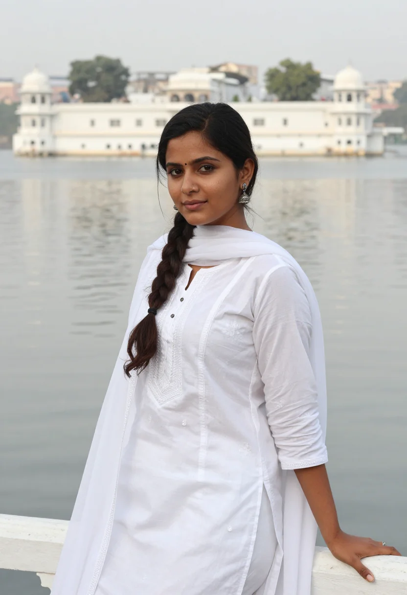 AI udaipur lake palace november white sample — portrait of a woman, chest-up portrait of a Rajasthani woman