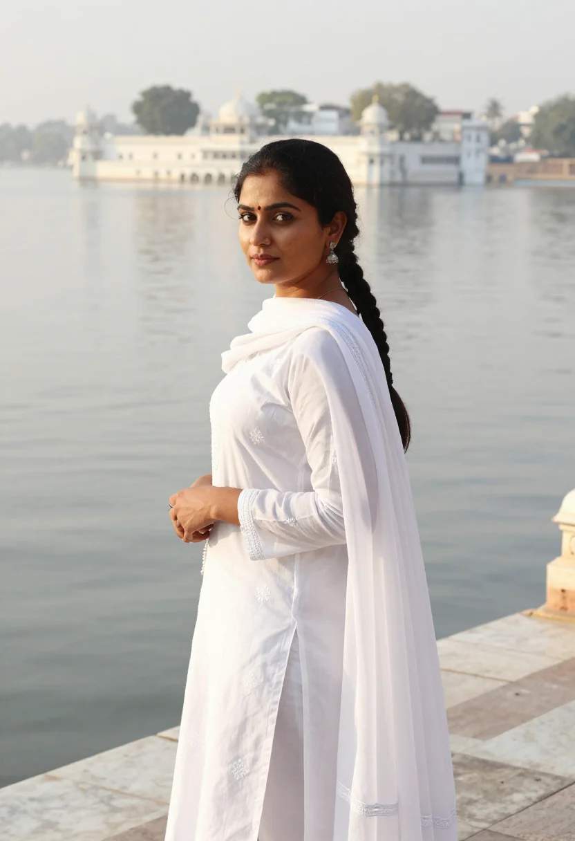 AI udaipur lake palace november white sample — portrait of a woman, chest-up portrait of a Rajasthani woman