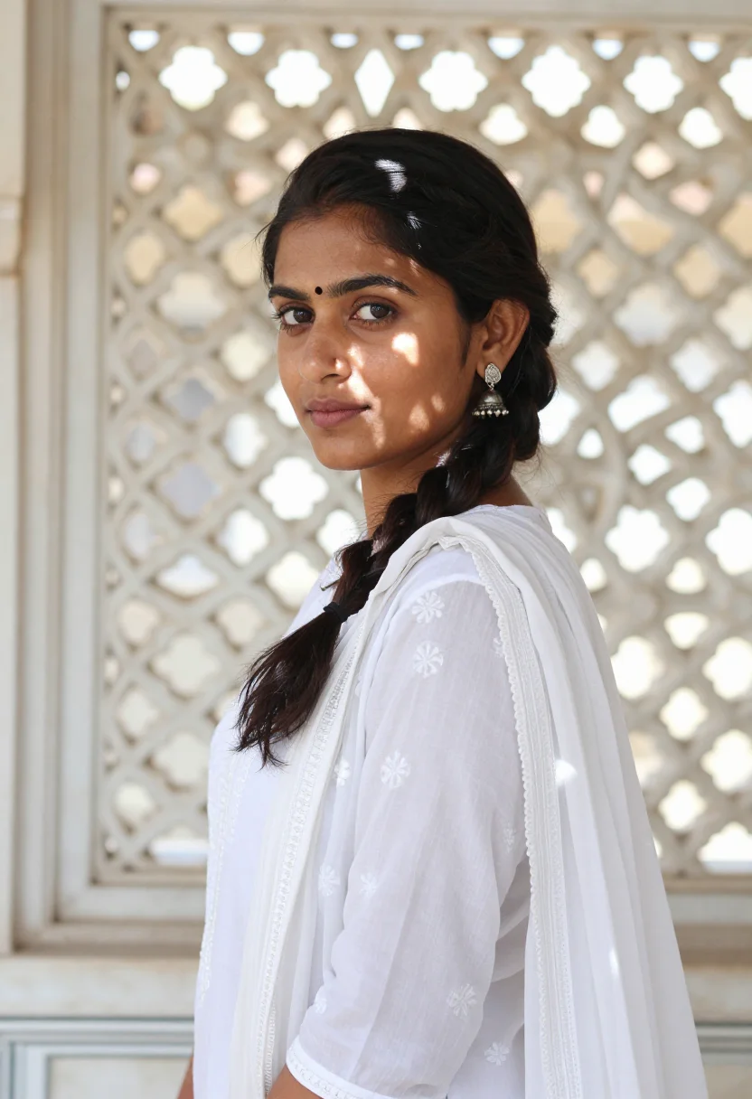 AI udaipur lake palace november white sample — portrait of a woman, tight head-and-shoulders portrait of a