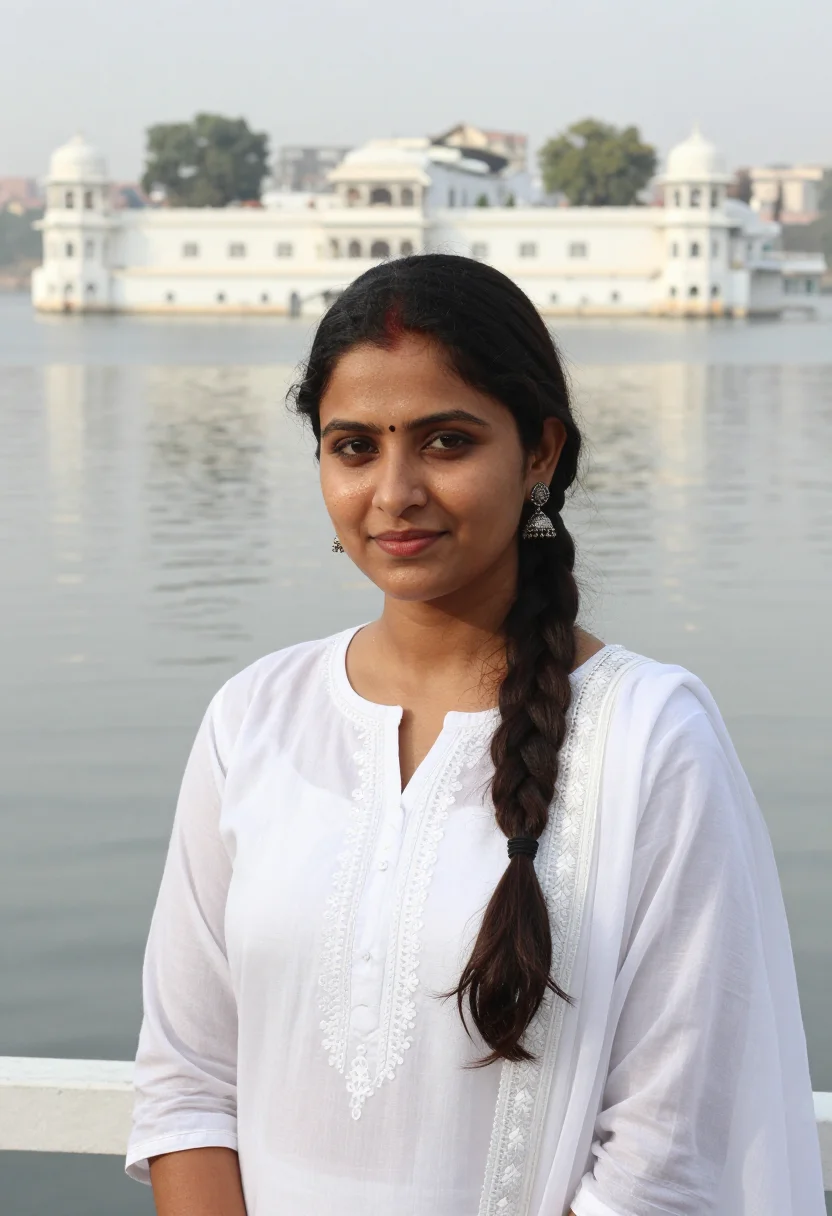 AI udaipur lake palace november white sample — portrait of a woman, tight head-and-shoulders portrait of a