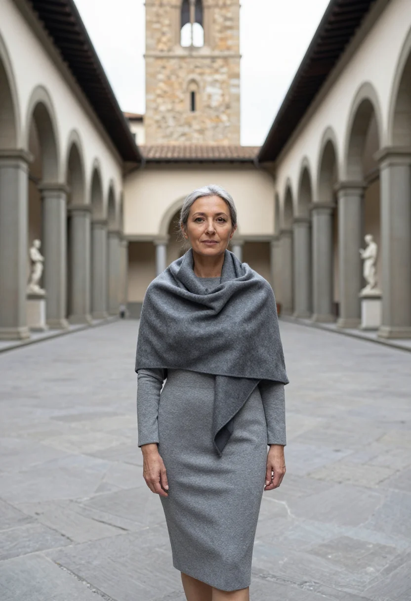 AI uffizi conservator pietra serena grey sample — portrait of a woman, in her mid-fifties, with warm beige ski