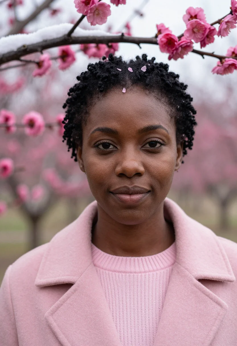 AI ume blossom pink sample — portrait of a woman, framed as a tight headshot from the cro