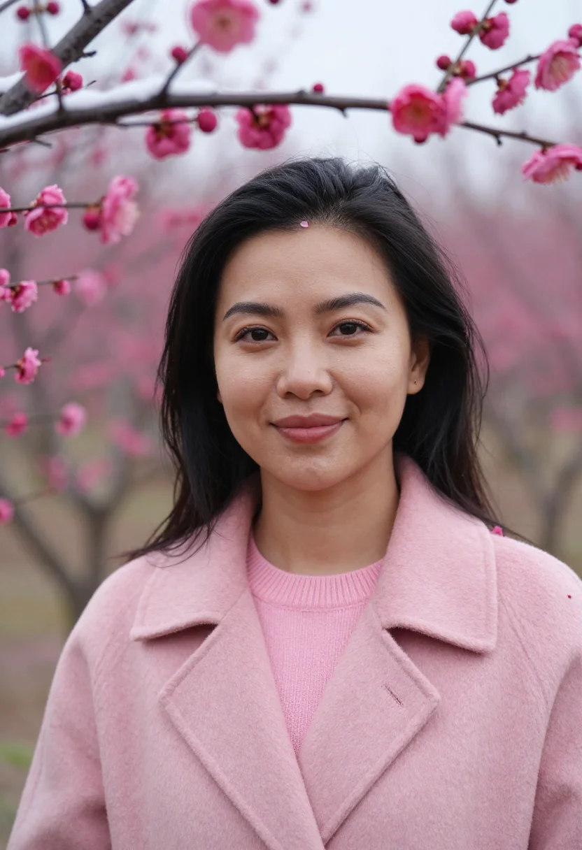 AI ume blossom pink sample — portrait of a woman, framed chest-up from the ribs with the